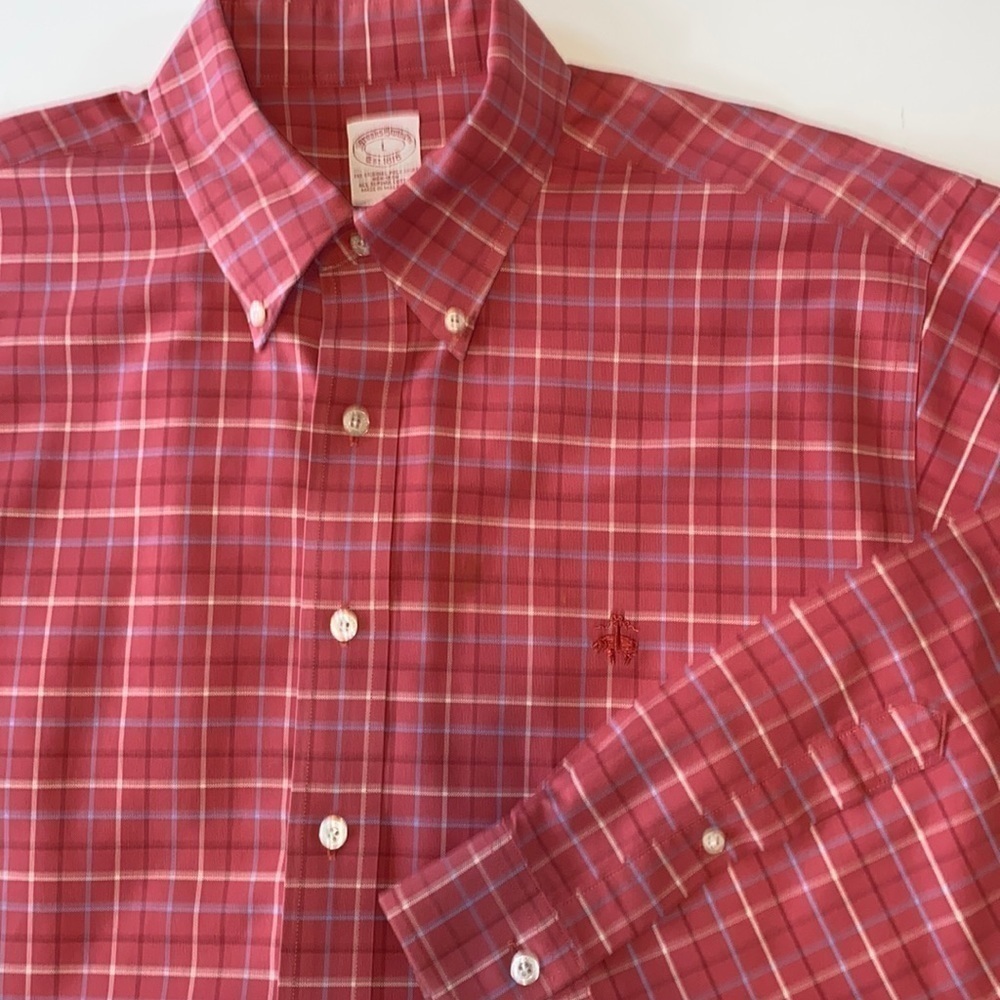 Brooks Brothers men’s shirt L rose colored light blue and tan stripes no…